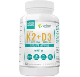 WISH Pharmaceutical Witamina K2 MK-7 z Natto 100μg + D3 2000 IU 50μg w oleju MCT suplement diety 120 kapsułek miękkich