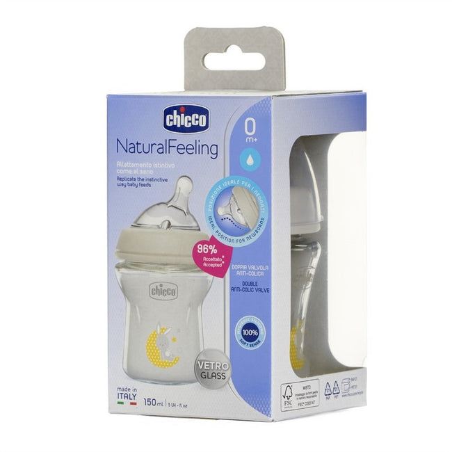 Chicco NaturalFeeling butelka szklana ze smoczkiem silikonowym przepływ wolny 0m+ 150ml