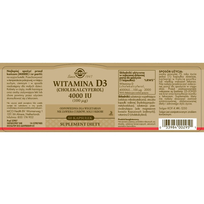 Solgar Witamina D3 4000IU suplement diety 60 kapsułek