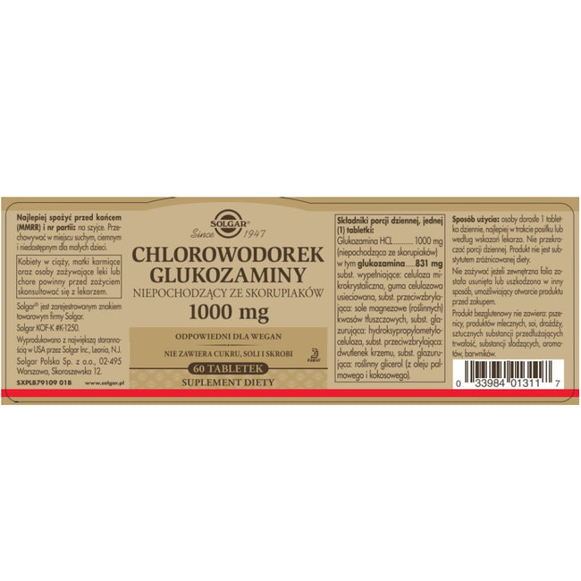 Solgar Chlorowodorek glukozaminy 1000 mg suplement diety 60 tabletek