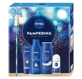Nivea Pampering zestaw pielęgnujący żel pod prysznic 250ml + odżywcze mleczko do ciała 250ml + intensywnie nawilżający krem do rąk 100ml + antyperspirant w kulce 50ml
