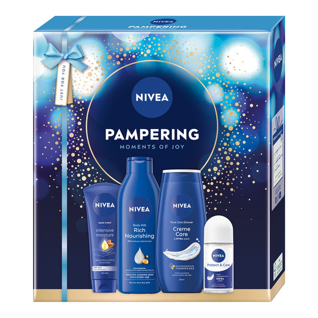 Nivea Pampering zestaw pielęgnujący żel pod prysznic 250ml + odżywcze mleczko do ciała 250ml + intensywnie nawilżający krem do rąk 100ml + antyperspirant w kulce 50ml