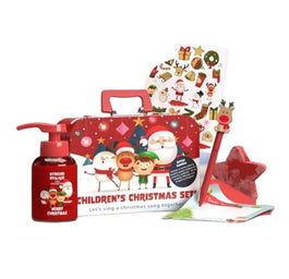 HiSkin Children's Christmas Set grające mydełko 200ml + świąteczna skarpeta na prezenty 1szt + naklejki świąteczne 1szt + długopis 1szt + papeteria do Świętego Mikołaja 1szt + kula do kąpieli gwiazda 1szt + metalowa walizka