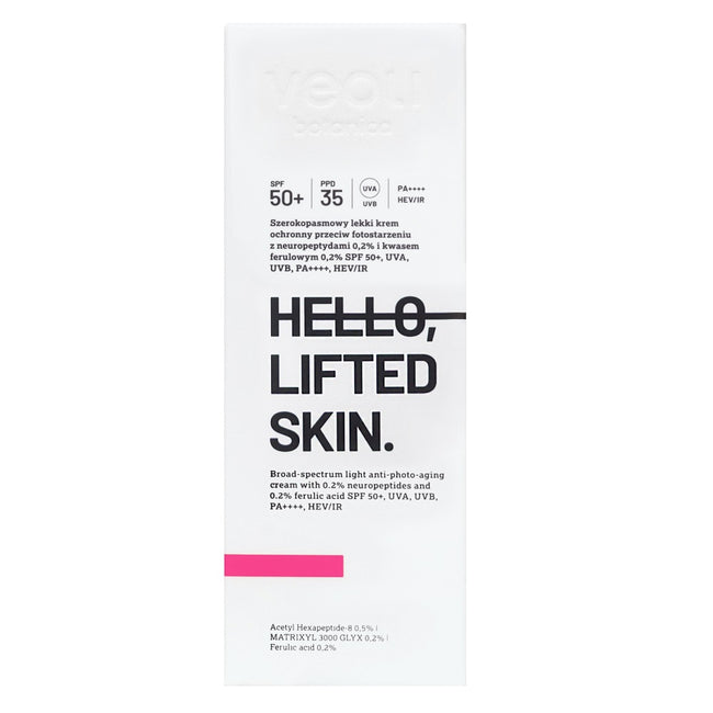 Veoli Botanica Hello Lifted Skin szerokopasmowy lekki krem ochronny przeciw fotostarzeniu z neuropeptydami 0.2% i kwasem ferulowym 0.2% SPF50+ 50ml