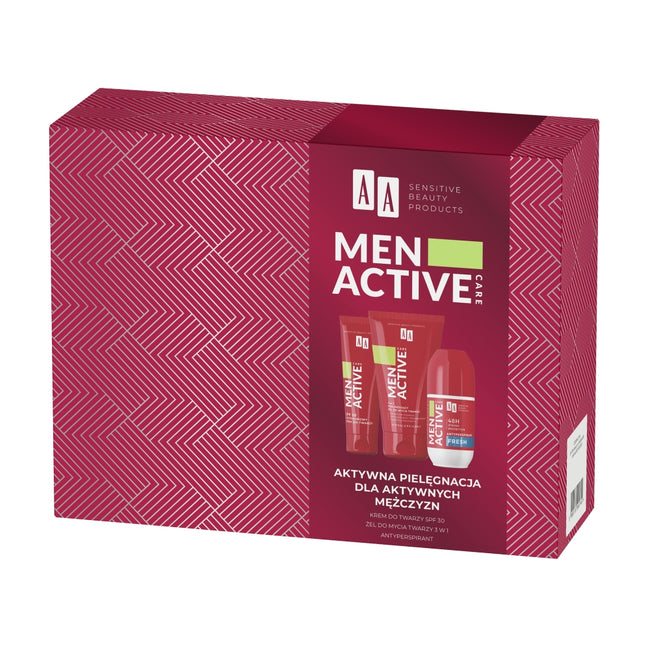 AA Men Active Care zestaw outdoorowy krem do twarzy 50ml + peelingujący żel do mycia twarzy 150ml + antyperspirant roll-on 50ml