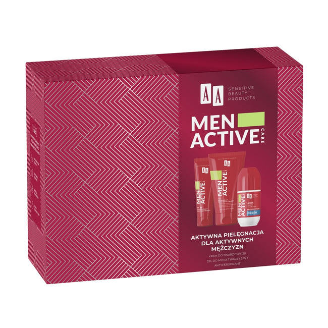 AA Men Active Care zestaw outdoorowy krem do twarzy 50ml + peelingujący żel do mycia twarzy 150ml + antyperspirant roll-on 50ml