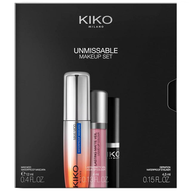 KIKO Milano Unmissable Make Up Set zestaw tusz do rzęs 12ml + wodoodporny eyeliner 4.5ml + matowa pomadka w płynie 4ml