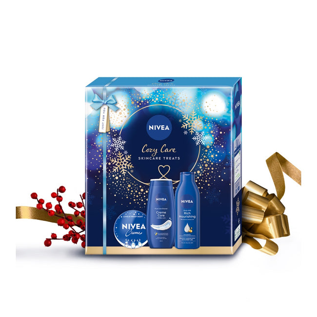 Nivea Cozy Care zestaw pielęgnujący żel pod prysznic 250ml + odżywcze mleczko do ciała 250ml + krem uniwersalny 150ml
