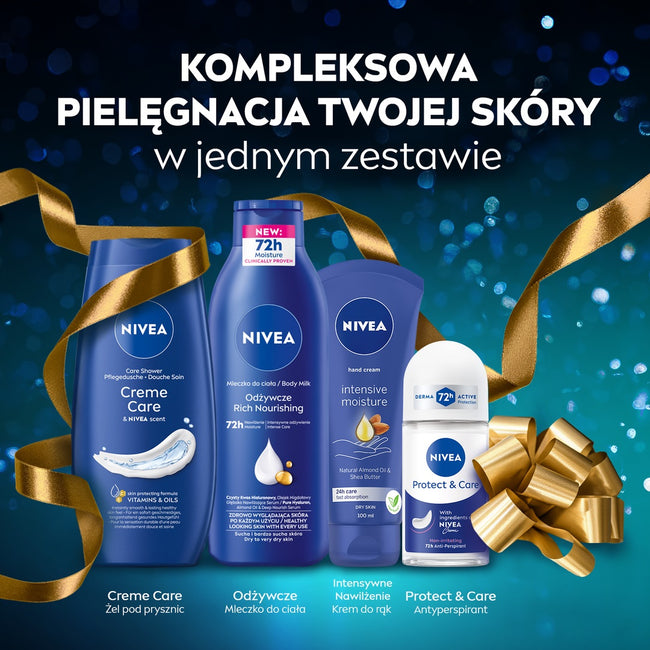 Nivea Pampering zestaw pielęgnujący żel pod prysznic 250ml + odżywcze mleczko do ciała 250ml + intensywnie nawilżający krem do rąk 100ml + antyperspirant w kulce 50ml