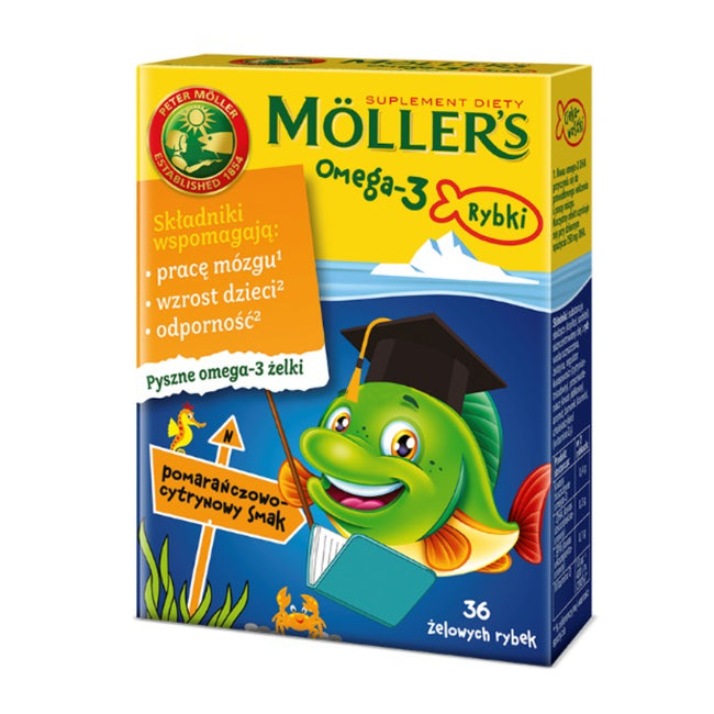 Möller's Omega-3 Rybki żelki z kwasami omega-3 i witaminą D3 dla dzieci Pomarańczowo-cytrynowe 36szt.