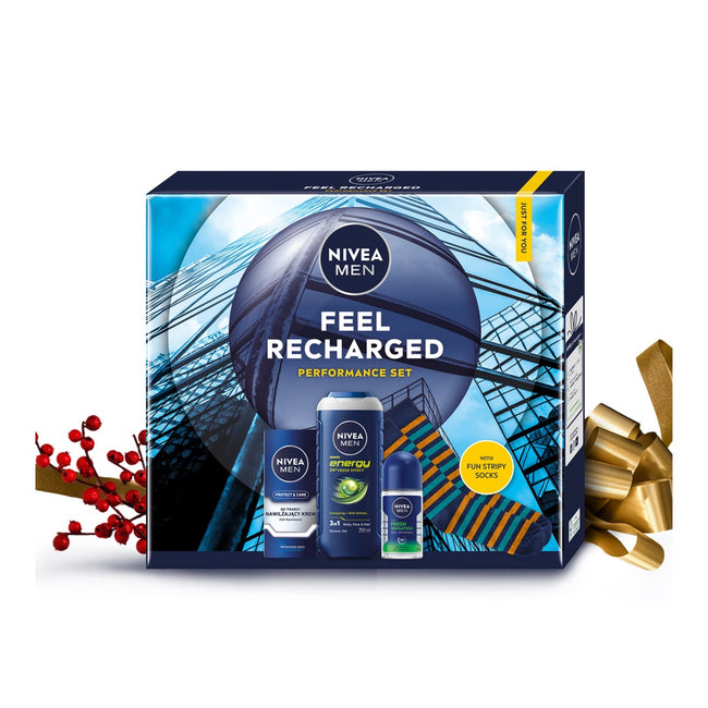 Nivea Men Feel Recharged zestaw nawilżający krem do twarzy 75ml + żel pod prysznic 3w1 250ml + antyperspirant roll-on 50ml