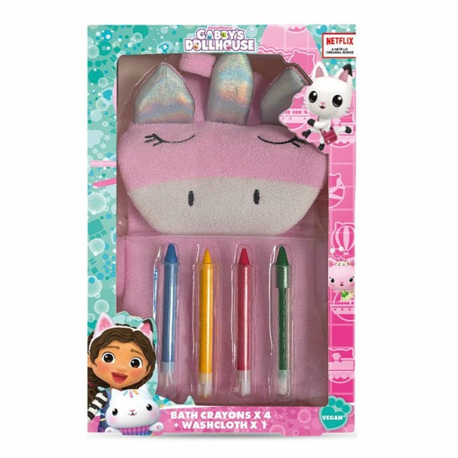 Gabby's Dollhouse Bath Set zestaw kredki do kąpieli 4szt + różowa myjka
