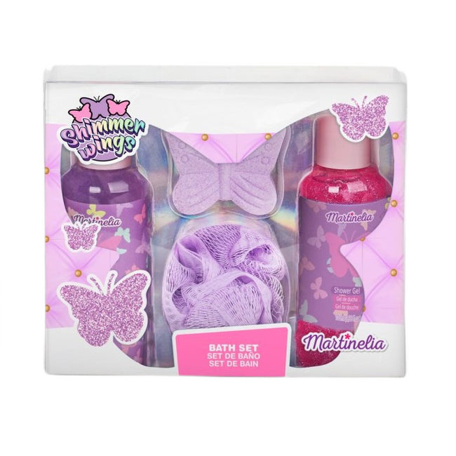 Martinelia Shimmer Wings Bath Set zestaw żel pod prysznic 100ml + błyszczący żel do ciała 100ml + musująca kula do kąpieli 30g + myjka 1szt