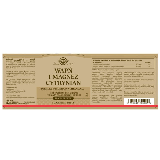 Solgar Wapń Magnez Cytrynian suplement diety 100 tabletek