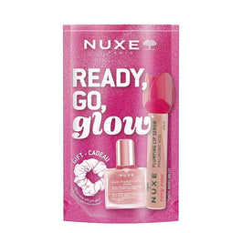 Nuxe Ready Go Glow zestaw suchy olejek regenerujący 10ml + nawilżające serum powiększające usta 8ml + gumka do włosów