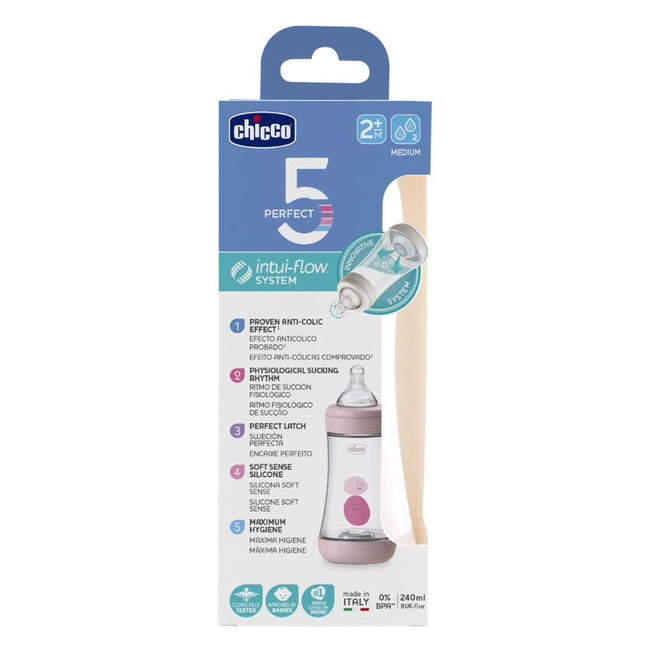 Chicco Perfect5 butelka antykolkowa ze smoczkiem silikonowym przepływ średni 2m+ Girl 240ml