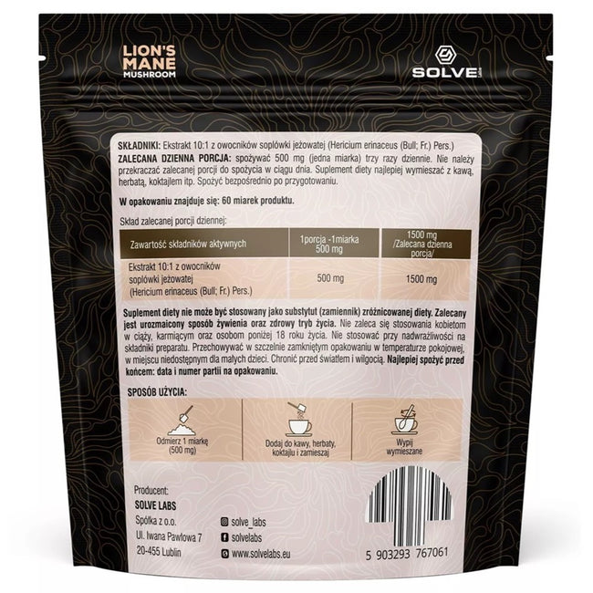 Solve Labs Lion's Mane Mushroom soplówka jeżowata suplement diety w proszku 30g
