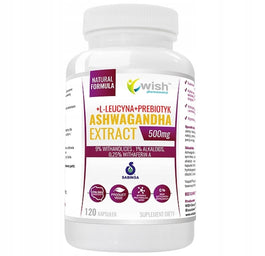WISH Pharmaceutical Ashwagandha Extract 500mg + L-Leucyna + Prebiotyk suplement diety 120 kapsułek