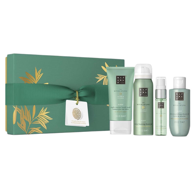 Rituals The Ritual of Jing zestaw pianka pod prysznic 50ml + maska do rąk 50ml + mgiełka do pościeli i ciała 20ml + olejek pod prysznic 75ml