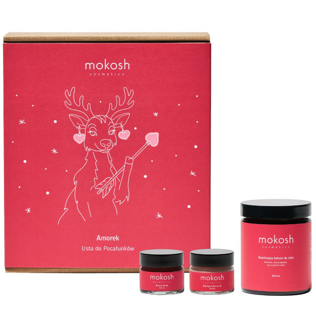 Mokosh Amorek Usta do Pocałunków zestaw balsam do ust 15ml + peeling  do ust 15ml + nawilżający balsam do ciała 180ml