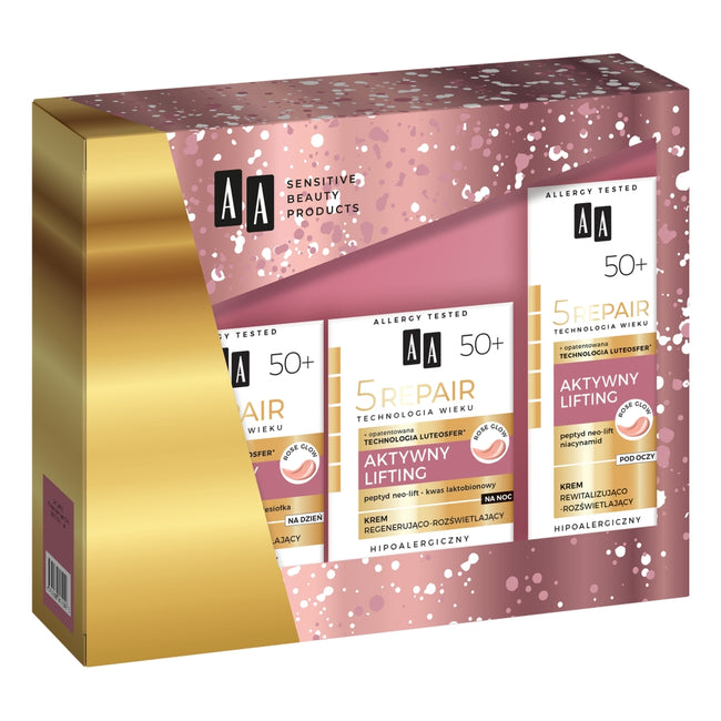 AA Technologia Wieku 5Repair 50+ Aktywny Lifting zestaw krem na dzień liftingująco-rozświetlający 50ml + krem na noc regenerująco-rozświetlający 50ml + krem pod oczy rewitalizujaco-rozświetlający 15ml