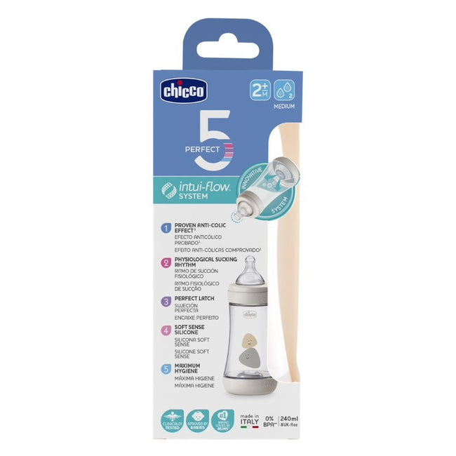 Chicco Perfect5 butelka antykolkowa ze smoczkiem silikonowym przepływ średni 2m+ Neutral 240ml