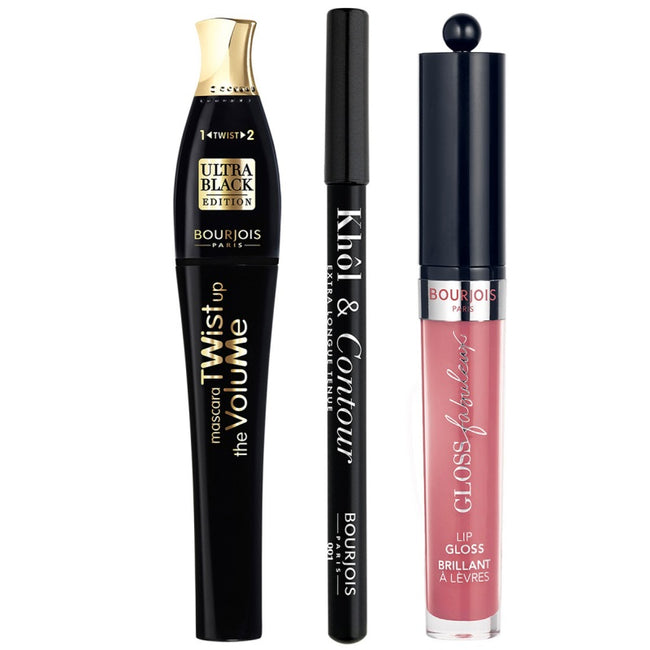 Bourjois Zestaw Twist Up The Volume tusz do rzęs Ultra Black 8ml + Fabuleux Gloss błyszczyk do ust 7 Standing Rose'Vation 2.4g + Khôl & Contour kredka do oczu 001 Black 1.2g