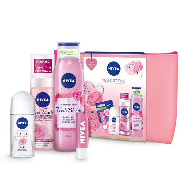 Nivea You Got This zestaw Fresh Rose Touch antyperspirant w kulce 50ml + Fresh Blends Malina i Borówka żel pod prysznic 300ml + Soft Rose pomadka do ust 4.8g + Rose Touch pianka oczyszczająca do twarzy 150ml + kosmetyczka
