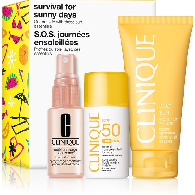 Clinique Survival For Sunny Days zestaw Moisture Surge Face Spray 30ml + SPF50 Mineral Sunscreen Fluid For Face 30ml + After Sun Rescue Balm With Aloe 75ml