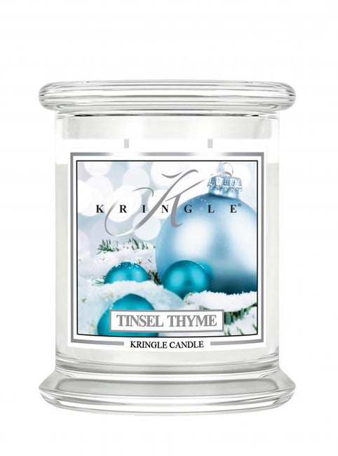 Kringle Candle Średnia świeca zapachowa z dwoma knotami Tinsel Thyme 411g