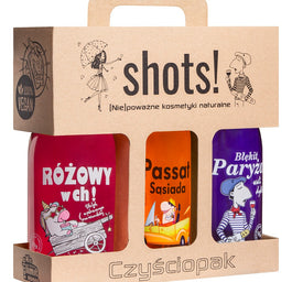 LaQ Shots! Czyściopak Unisex zestaw żel pod prysznic Różowy w ch! 500ml + Passat Sąsiada 500ml + Błękit Paryża 500ml