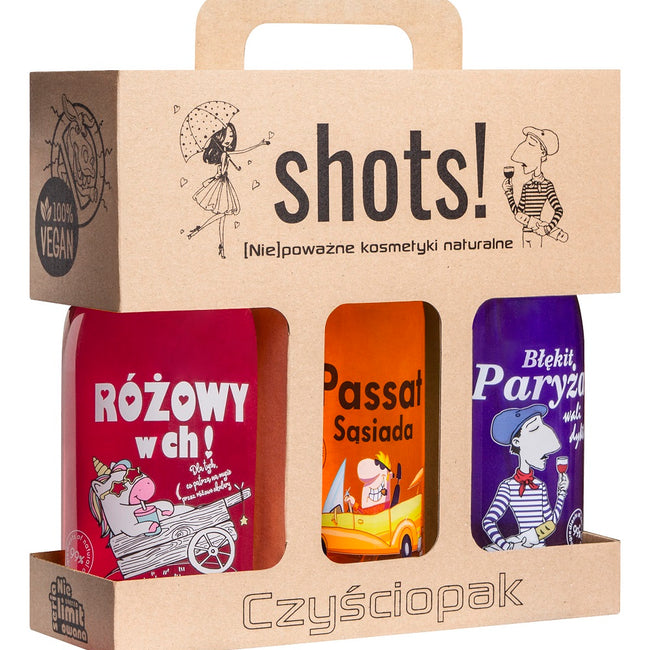 LaQ Shots! Czyściopak Unisex zestaw żel pod prysznic Różowy w ch! 500ml + Passat Sąsiada 500ml + Błękit Paryża 500ml
