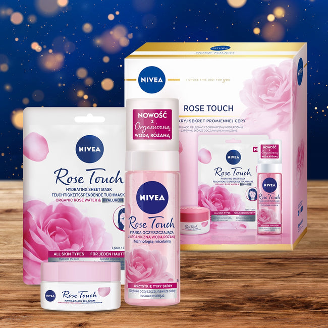 Nivea Rose Touch zestaw nawilżający żel-krem do twarzy 50ml + pianka oczyszczająca do twarzy 150ml + intensywnie nawilżająca maska w płachcie 1szt