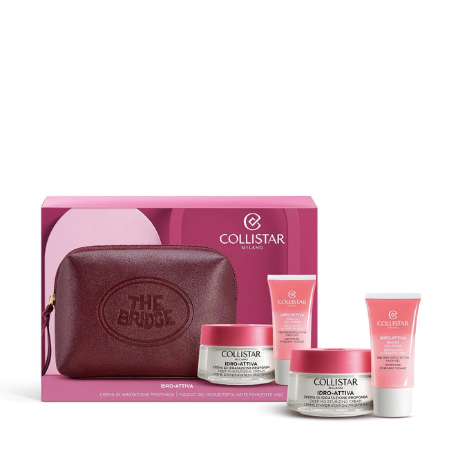 Collistar Idro-Attiva zestaw krem głęboko nawilżający 50ml + żel złuszczający do twarzy 30ml + próbka kropli samoopalających + burgundowa kosmetyczka