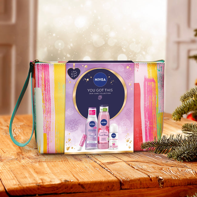 Nivea You Got This zestaw antyperspirant roll-on 50ml + odświeżający żel pod prysznic 300ml + pielęgnująca pomadka do ust 5.5ml + kojący płyn micelarny 200ml + kosmetyczka