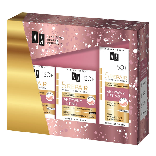 AA Technologia Wieku 5Repair 50+ Aktywny Lifting zestaw krem na dzień liftingująco-rozświetlający 50ml + krem na noc regenerująco-rozświetlający 50ml + krem pod oczy rewitalizujaco-rozświetlający 15ml