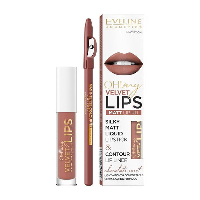 Eveline Cosmetics Oh! My Velvet Lips Liquid Matt Lip Kit zestaw matowa pomadka w płynie 4.5ml + konturówka do ust 1szt 12 Praline Eclair