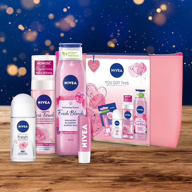 Nivea You Got This zestaw Fresh Rose Touch antyperspirant w kulce 50ml + Fresh Blends Malina i Borówka żel pod prysznic 300ml + Soft Rose pomadka do ust 4.8g + Rose Touch pianka oczyszczająca do twarzy 150ml + kosmetyczka