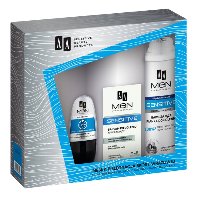 AA Men Sensitive zestaw pianka do golenia nawilżająca dla skóry bardzo wrażliwej 250ml + balsam po goleniu nawilżający dla skóry bardzo wrażliwej 100ml + antyperspirant w kulce do skóry wrażliwej 50ml