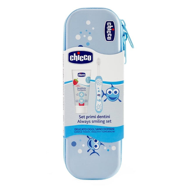 Chicco Always Smiling Set zestaw pasta z fluorem + szczoteczka do zębów + etui 1-5l Niebieski