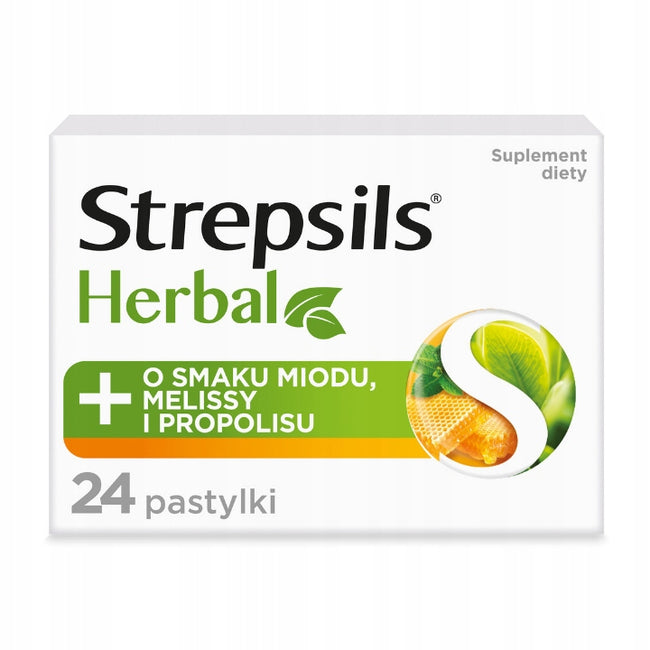 Strepsils Herbal pastylki do ssania łagodzące podrażnione gardło i struny głosowe suplement diety Miód Melisa i Propolis 24szt.