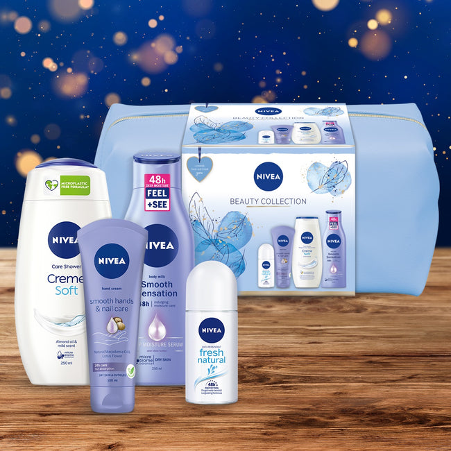 Nivea Beauty Collection zestaw Creme Soft żel pod prysznic 250ml + wygładzający krem do rąk 100ml + Fresh Natural antyperspirant roll-on 50ml + Smooth Sensation wygładzające mleczko do ciała 250ml + kosmetyczka