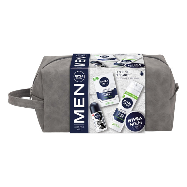 Nivea Men Sensitive Elegance zestaw pianka do golenia 200ml + balsam po goleniu 100ml + krem uniwersalny 75ml + antyperspirant roll-on 50ml + kosmetyczka