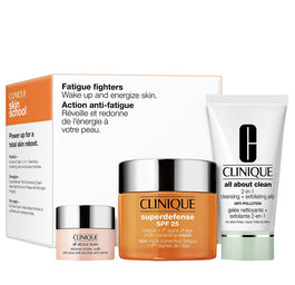 Clinique Fatigue Fighters zestaw All About Clean 2-in-1 Cleansing + Exfoliating Jelly 30ml + Superdefense SPF25 50ml + All About Eyes 5ml