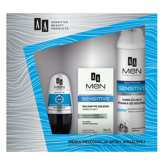 AA Men Sensitive zestaw pianka do golenia nawilżająca dla skóry bardzo wrażliwej 250ml + balsam po goleniu nawilżający dla skóry bardzo wrażliwej 100ml + antyperspirant w kulce do skóry wrażliwej 50ml