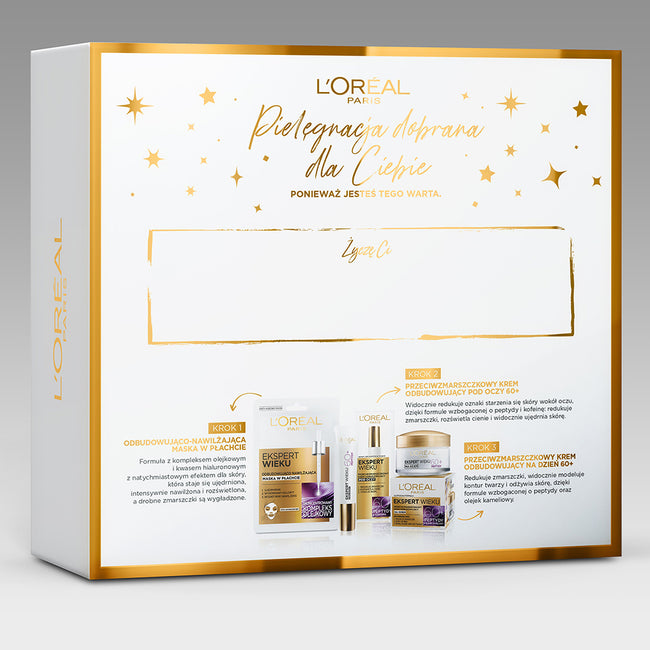 L'Oreal Paris Ekspert Wieku 60+ zestaw odbudowujący krem na dzień 50ml + odbudowująco-nawilżająca maska w płachcie 30g + odbudowujący krem pod oczy 15ml