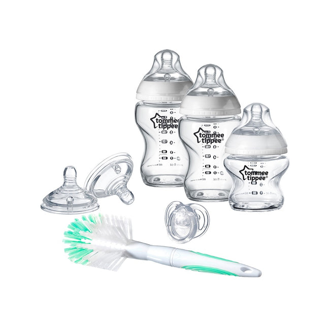Tommee Tippee Closer To Nature zestaw startowy dla noworodka butelka szklana 150ml + butelka szklana 260ml 2szt + szczotka do butelek + smoczek 0-6m + smoczek do butelki o średnim przepływie 2szt