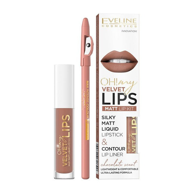 Eveline Cosmetics Oh! My Velvet Lips Liquid Matt Lip Kit zestaw matowa pomadka w płynie 4.5ml + konturówka do ust 1szt 14 Choco Truffle