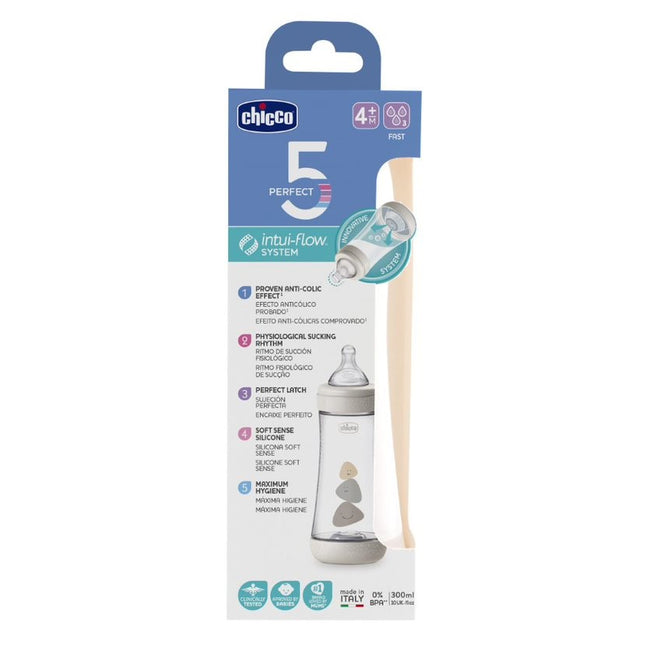 Chicco Perfect5 butelka antykolkowa ze smoczkiem silikonowym przepływ szybki 4m+ Neutral 300ml