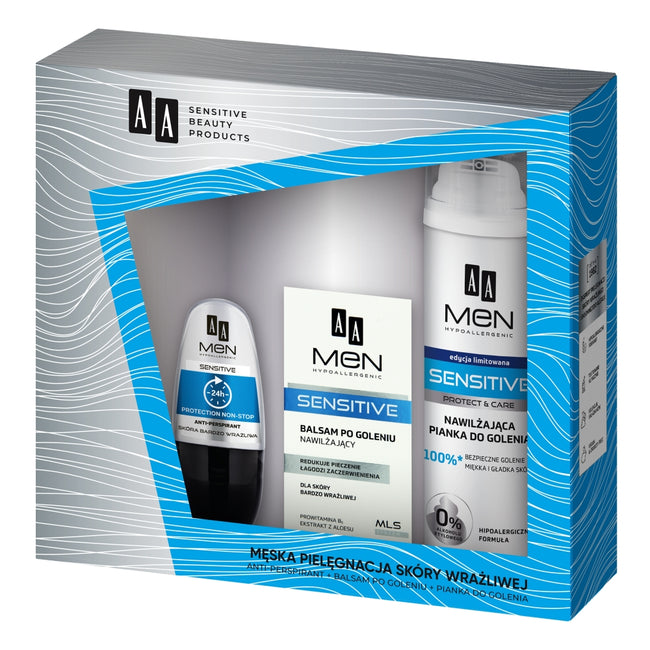 AA Men Sensitive zestaw pianka do golenia nawilżająca dla skóry bardzo wrażliwej 250ml + balsam po goleniu nawilżający dla skóry bardzo wrażliwej 100ml + antyperspirant w kulce do skóry wrażliwej 50ml